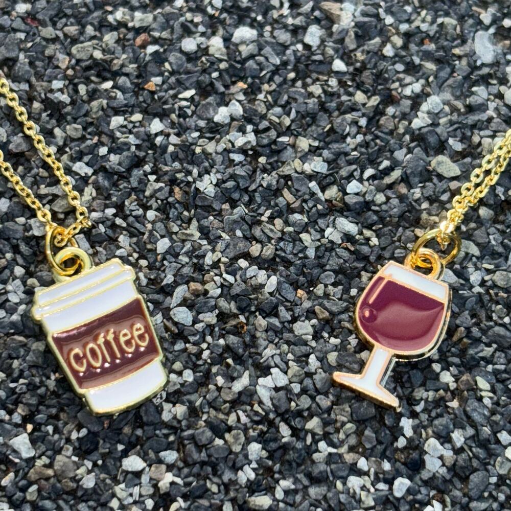 Gold Plated Coffee Charm Necklace and Gold Plated Red Wine Charm Necklace